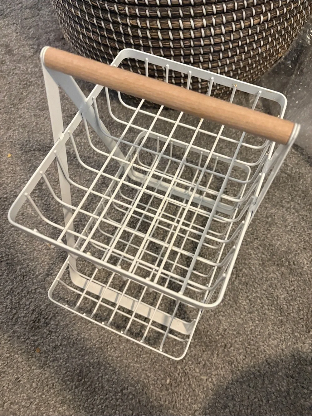 Two-Tier White Wire Storage Caddy with Wood Handle